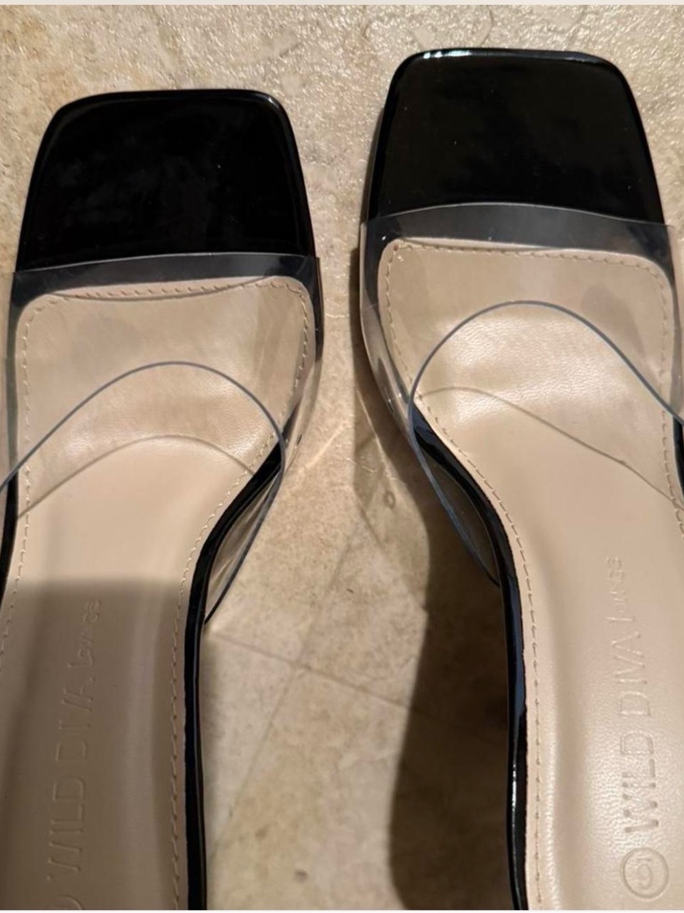 Wild Diva Black Square-Toe Heels with Clear Strap